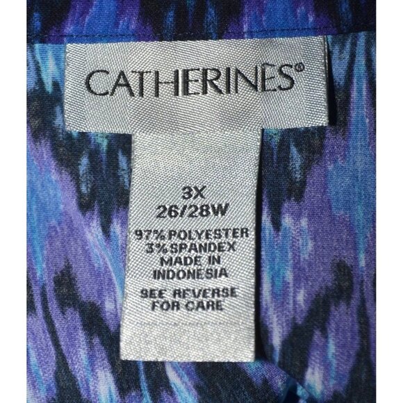 Catherines Plus 3X 26W 28W Half Button 3/4 Sleeve Blouse Top Purple Blue Print - Picture 8 of 9